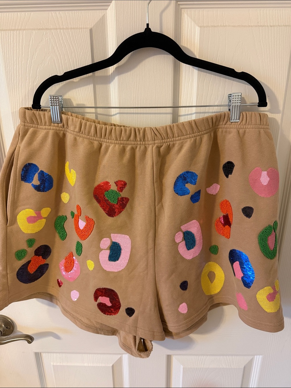 Beige Sequin Leopard Print Women’s Shorts